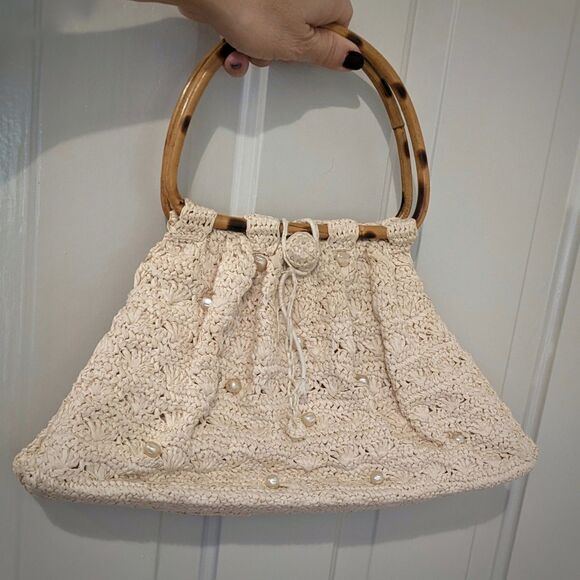 VINTAGE 60s "It's In the Bag" Crocheted Raffia Bamboo Handle Bag Made In Japan - Picture 9 of 11